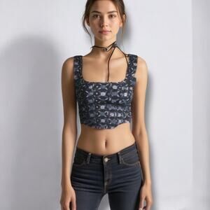 Free‎ People XL Galaxy Square Neck Corset Crop Top Blue Purple Floral Mesh Side